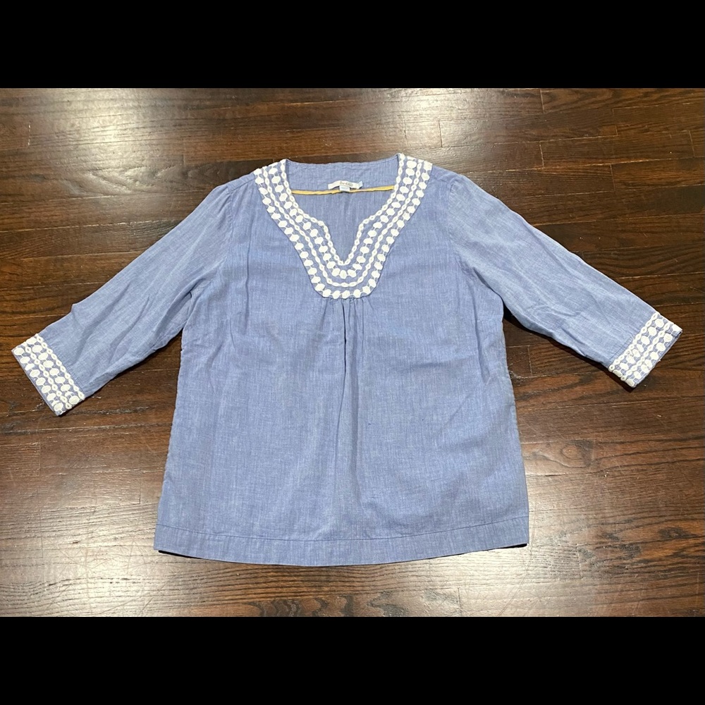 Boden Embroidered Chambray Tunic Blouse Women’s Size 16 White Trim